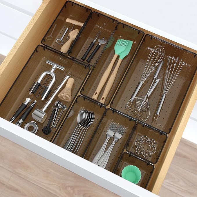 7 PCS Clear Plastic Drawer Organizers Set, 4 Size Desk Drawer Organizer Trays for Makeup, Jewelry, Kitchen Utensils, Gadgets and Office Accessories, Black