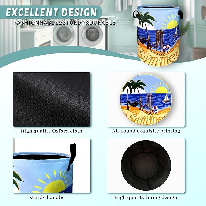Hello Summer Laundry Hamper Colorful Beach Happy Holiday Laundry Basket With Handles Foldable Oxford Cloth Portable Funny Tote Bag Clothe Toy Storage Bucket 18.9x16.5Inch For Bathroom/Laundry/Bedroom