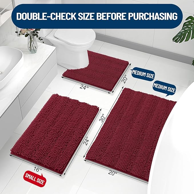 Grandaily Chenille Striped Bathroom Rugs 59x20, Extra Thick and Absorbent Bath Mats, Non-Slip Soft Plush Shaggy Shower Carpet, Machine Wash Dry, Bath Rug for Bathroom, Burgundy