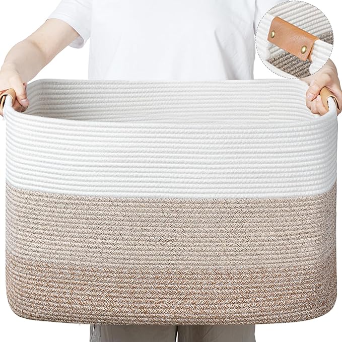 danpinera Large Woven Basket 72L+50L Rectangle Toy Storage Basket for Living Room, Nursery & Laundry, Large Cotton Rope Basket with Leather Handle, Gradient Gray&Brown