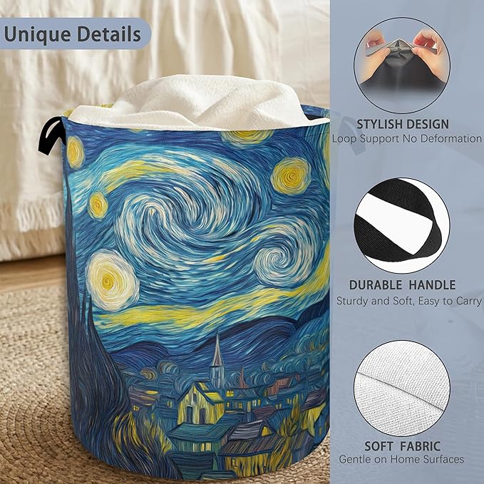 Starry Night Moon Laundry Basket,Village Oxford Cloth Laundry Hamper with Handle Foldable Portable Clothes Storage Basket for Bathroom Bedroom Dorm Room 16" x 20.8"