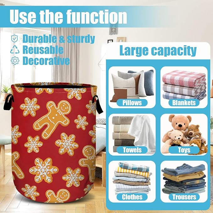 Red Gingersnap Laundry Basket, Christmas Laundry Hamper Collapsible Oxford Cloth with Handle Clothes Toy Storage Bin for Bathroom Laundry Room Bedroom 15.7 X 20 Inch
