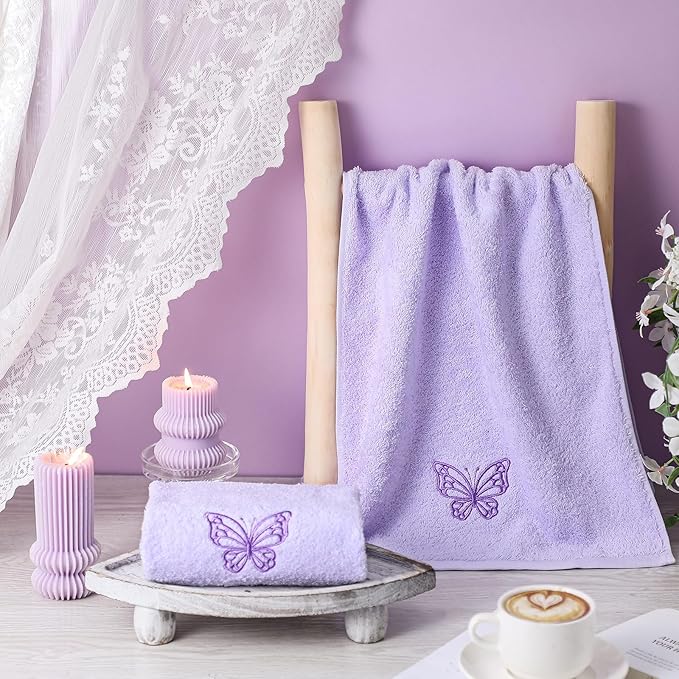 2 Pcs Butterfly Hand Towels Light Purple Bathroom Decor 14x29 Inch Embroidered 100% Cotton Soft Absorbent Spring Summer Washcloths Decorative Hand Towels for Bathroom Kitchen