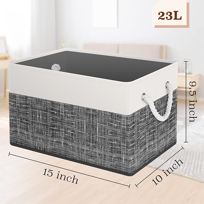 Storage Bin,Collapsible Storage Basket For Organizing,Large Storage Boxes With Rope Handles,Storage Containers,White & Black,6 Pack