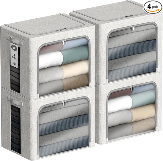 4 Pack Clothes Storage Bins with Metal Frame - 36L Stackable Storage Box with Lid，Foldable Storage Container Organizer for Clothes，Linen Fabric Storage Box with Clear Window＆Zippers＆Handles