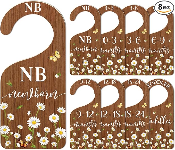 Whaline 8Pcs Daisy Baby Closet Size Dividers Hanging Wooden Baby Closet Organizers Newborn to Toddler Rustic Floral Butterfly Infant Wardrobe Organizers for Home Nursery Bedroom