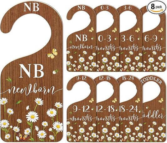 Whaline 8Pcs Daisy Baby Closet Size Dividers Hanging Wooden Baby Closet Organizers Newborn to Toddler Rustic Floral Butterfly Infant Wardrobe Organizers for Home Nursery Bedroom