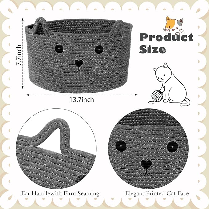 Zopeal Cat Basket Storage Woven Organizer with Ears Christmas Decorative Pet Toy Cute Cotton Rope Basket for Gift Cat Dog Toy Bin Nursery Room(13.7 x 7.8 Inch,Dark Grey)