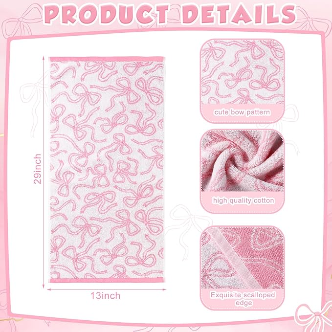4 Pcs Coquette Pink Bow Hand Towels 13 x 29'' Soft 100% Cotton Absorbent Decorative Towels for Bathroom Kitchen Spring Easter Decor Galentine's Day Gifts