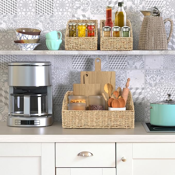 Set of 3 Handwoven Seagrass Storage Baskets – Decorative Natural Wicker Organizer Bins with Built-in Handles for Bathroom, Kitchen, Pantry, Nursery, Closet, Laundry, Living Room, and Home Use
