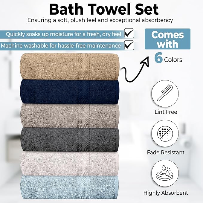 Hotel & Spa 100% Cotton Bath Towels Pack of 6, Ultra Soft, Quick Dry, Lightweight, Highly Absorbent, Perfect for Shower, Spa, Gym, Pool, Hotel, Resort & Daily Use (Multi-Color - 24" x 48")