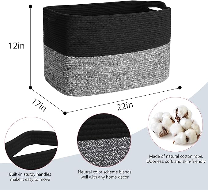 Extra Large Storage Baskets, 22" x 17" x 12" Black Baskets for Organizing, Rectangle Woven Basket for Blankets, Toys, Towels, Laundry, Decorative Wicker Storage Basket, Basket for Decor