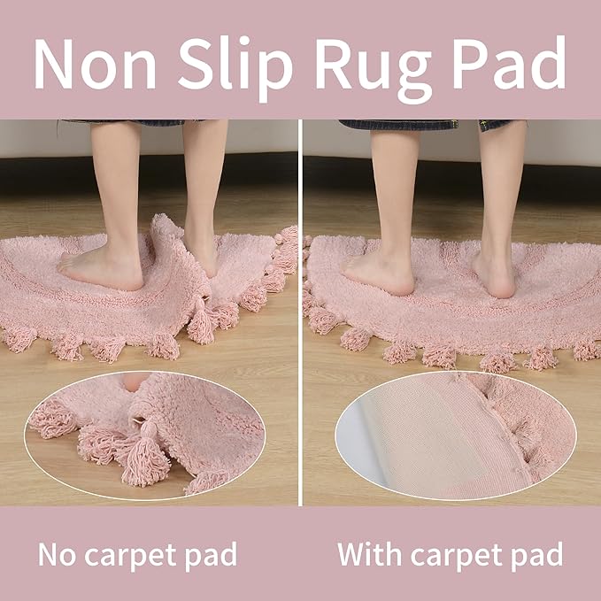 Half Circle Boho Bathroom Rugs with Tassels 100% Cotton Hand-Woven Bath Mat Non Slip Absorbent Bath Rugs with Rug Pad Washable Boho Bath Mat Carpet for Tub, Shower 20"x32",Pink