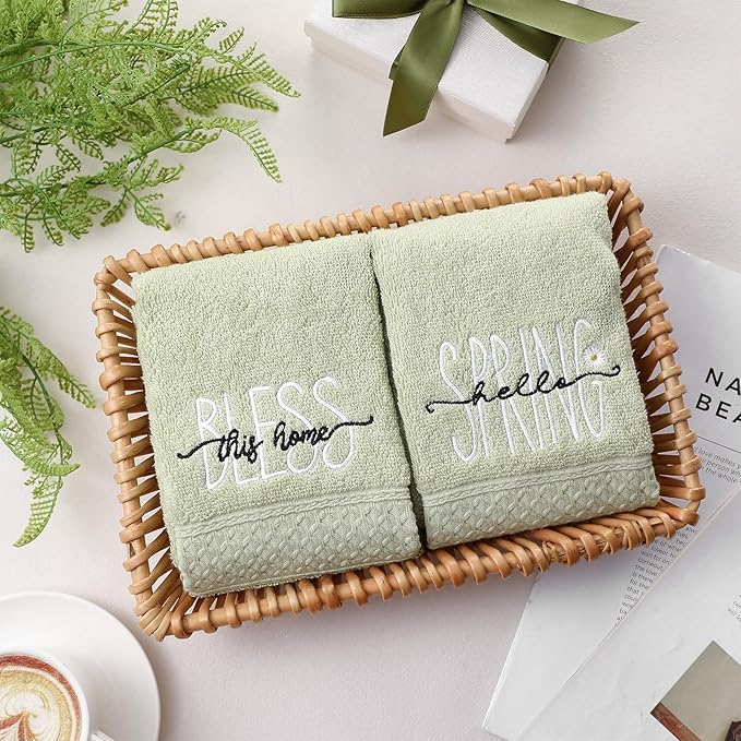 2 Pcs Hello Spring Hand Towels Gray Green Bathroom Decor 14x29 Inch 100% Cotton Soft Absorbent Bless This Home Embroidered Decorative Hand Towels for Bathroom Kitchen Housewarming Gifts