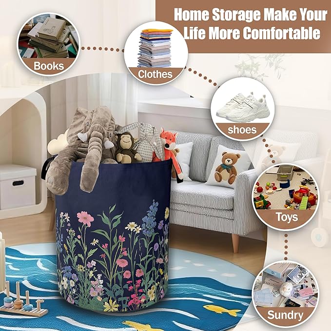 Weeds Laundry Basket,Herbs and Wild Flowers Laundry Hamper Waterproof Oxford Cloth Tote Collapsible,Clothes Storage Bucket Decorative Toy Organizer For Bathroom Bedroom 16" x 20.8"