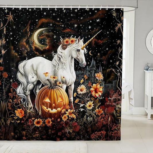 Halloween Theme Moon Starry Sky Waterproof Bath Curtains with 12 Hooks Suits for Bathtub,Flower Pumpkin Lantern Shower Curtains,Unicorn Bathroom Curtains,78 Inch Long