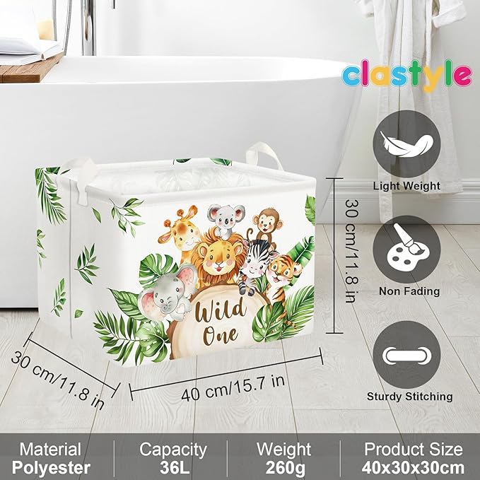 Clastyle 36L Large Safari Animals Elephant Shelf Basket Lion Rectangle Collapsible Dirty Clothes Baby Basket Jungle Koala Giraffe Book Toy Storage Bin for Nursery