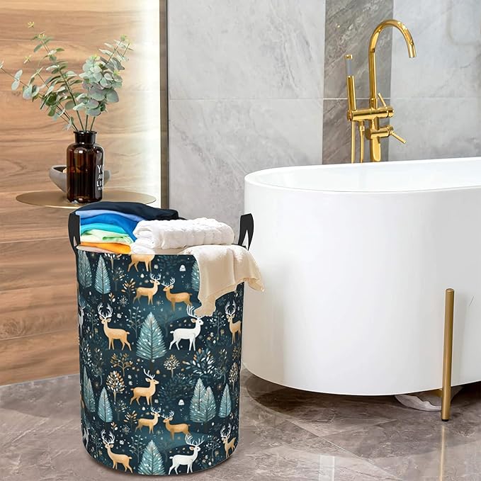 Christmas Deer Laundry Basket,Forest Trees Foldable Laundry Hamper Waterproof Oxford Cloth Tote Bag,Clothes Storage Bucket Decorative Toy Organizer For Bathroom Bedroom 16" x 20"