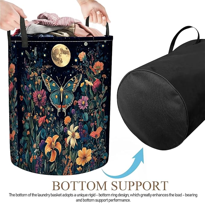Butterfly Garden Laundry Basket for Women, Large Canvas Collapsible Organizer Storage Basket for Nursery,Office,Toy Organizer,Home,Decor - 19.7" X 15.7 "