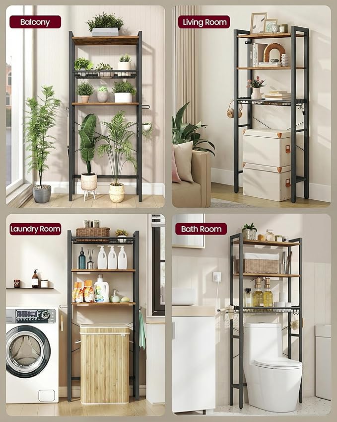 VASAGLE Over The Toilet Storage, Over Toilet Bathroom Organizer with Adjustable Shelves and Basket, 3 Hooks, Space Saving, 9.4 x 23.6 x 63 Inches, Rustic Brown UBTS113KD01S