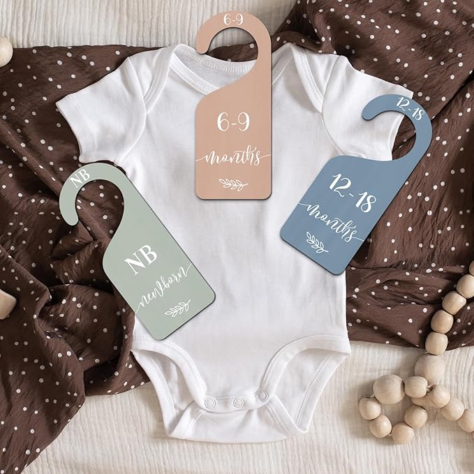 Whaline 7Pcs Boho Wooden Baby Closet Size Dividers with Pink Velvet Bag Newborn to 24 Month Thicken Infant Wardrobe Hanger Organizers for Home Nursery Party Gift Supplies