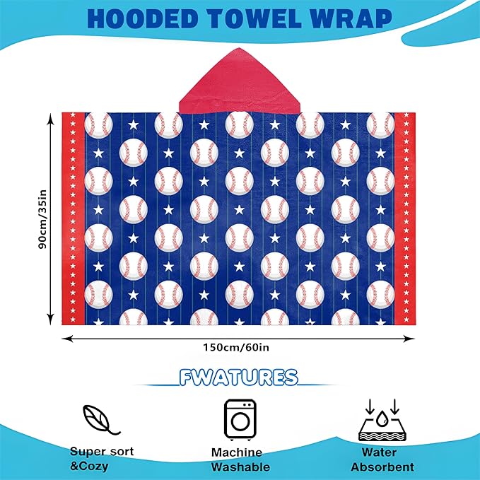 Hooded Towels for Kids -Toddler Beach Towel- Super Absorbent & Quick Dry 100% Cotton 35x60 Inch - to Kid Ages 3-12-Baseball Pattern Design