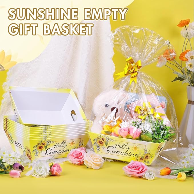 AFOROEOA 10PACK Sunshine Baskets for Gifts Empty, 10x12” Gift Baskets for Women Empty 10 Bows 10 Bags, Empty Gift Basket for Women Mother's Day Thanksgiving Christmas Easter Teacher Appreciation