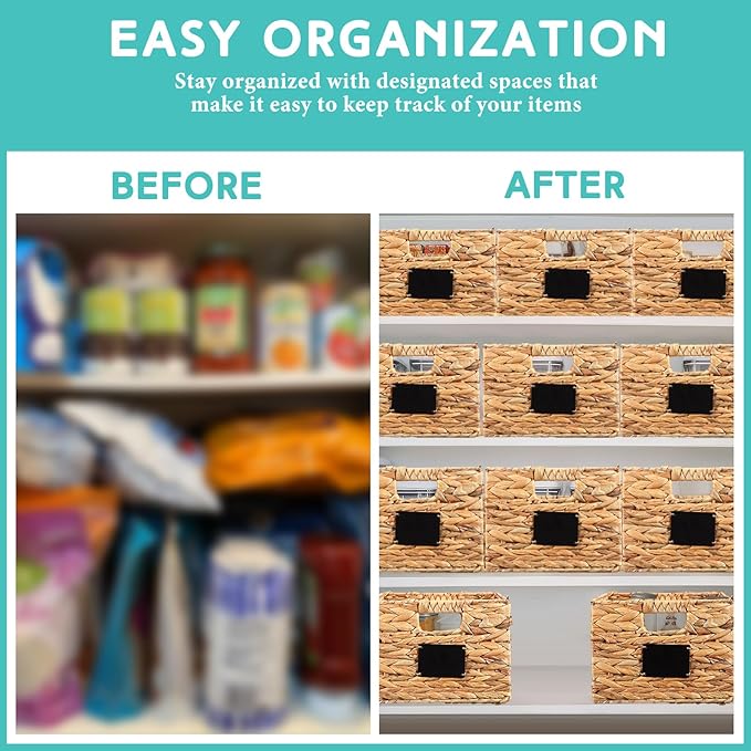 Nitial 8 Pcs 16 x 12 x 5 Inch Wicker Storage Basket, Rectangular Water Hyacinth Storage Baskets for Shelving, Foldable Woven Pantry Organizer with Chalkboard Label and Chalk Marker (Natural)