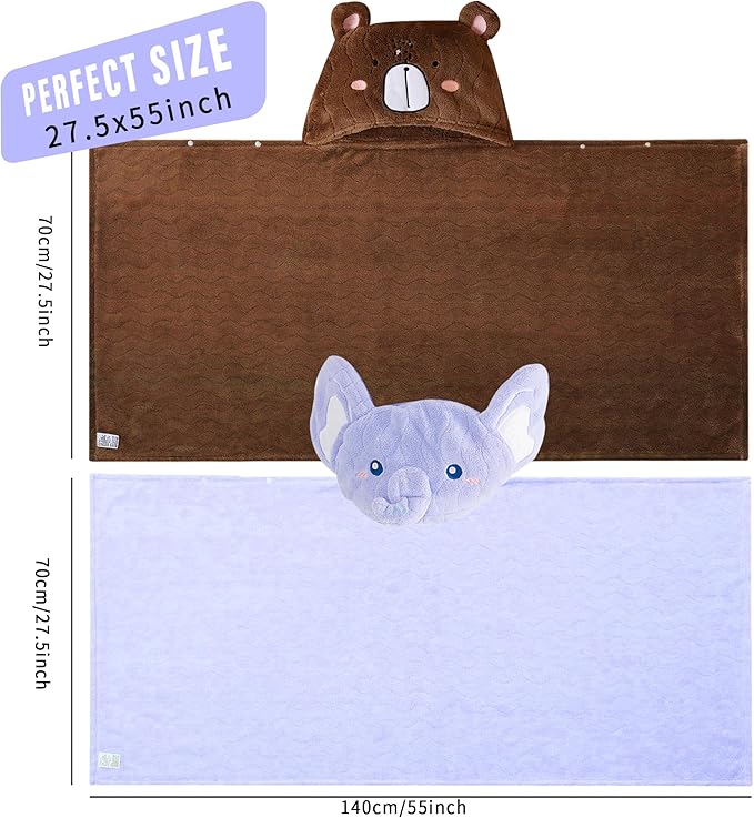 Hooded Towel for Kids, 2 Pack Coral Fleece Kids Bath Towels, Soft and Absorbent Toddler Towels with Hood Age 0-12 Years for Toddler, Infant, Kids - Large 27.5 X 55 inch (Blue Elephant&Brown Bear)