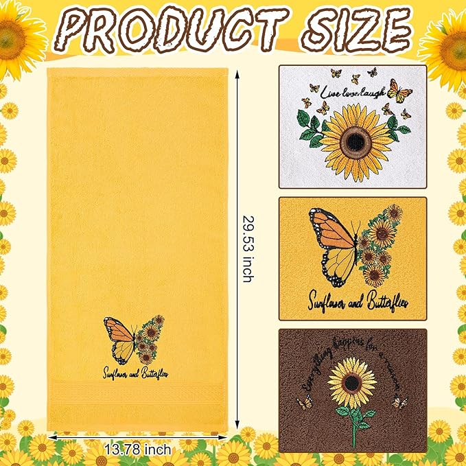 3 Pcs Sunflower Butterfly Hand Towels for Bathroom Yellow Spring Summer Soft Cotton Embroidered Absorbent Decorative Towels for Farmhouse Kitchen Decor, 13.78 x 29.53 Inch