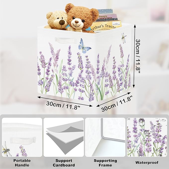 11.8" Wild Flower Storage Cube Organizer Set 3Pcs Clothes Storage Basket Bin for Closet Shelf Garden Butterfly Nursery Kid Room Book Toy Chest, Lavender