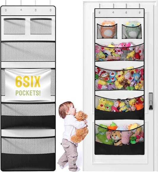 Yecaye Stuffed Animal Storage, Hanging Organizer for Stuffed Animals with 6 Expandable Mesh Net Pockets, Stuffed Animal Hammock, Over the Door Organizer, Black