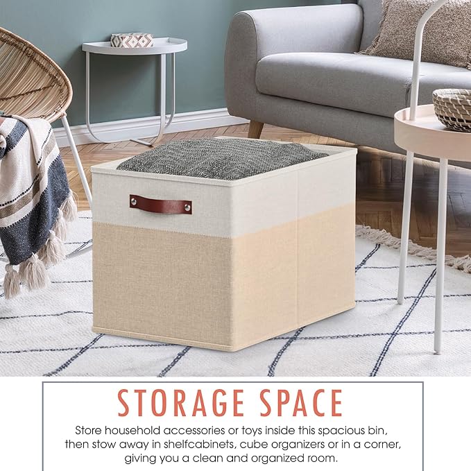 Ornavo Home 13 x 15 x 13 Kallax Storage Cube Bins, Foldable Collapsible Fabric Storage Bins Box Linen Shelf Basket Cube Organizer for Closet with Leather Handles, 6 Pack, White/Khaki