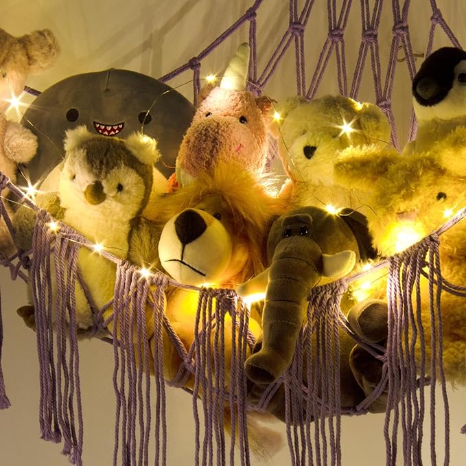 Stuffed Animal Storage Hammock Corner X-Large with LED Light - Baby Hammock Hanging Holder Plushies Net for Stuff Animals Organizer - Cute Room Decor Aesthetic Kids Toddler Nursery Bedroom