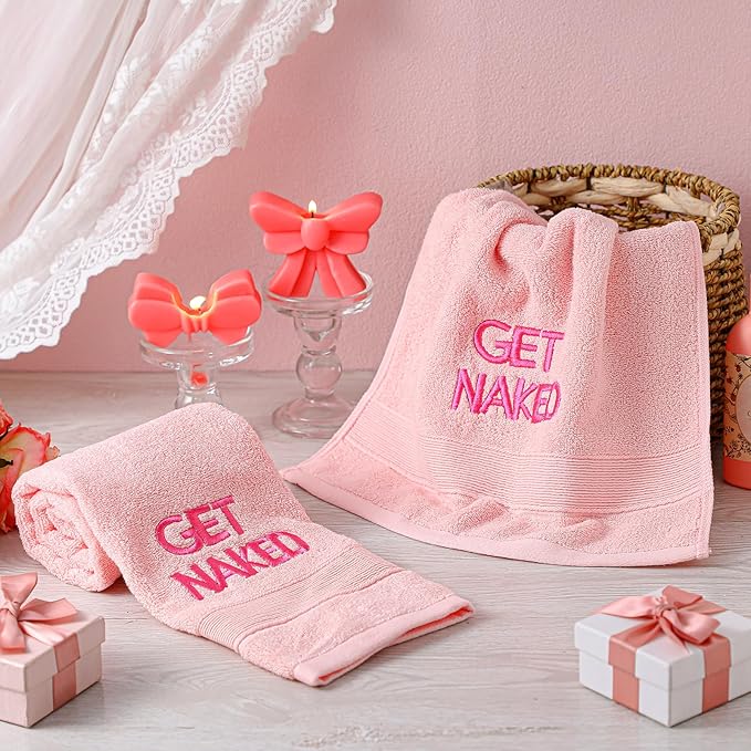 2 Pcs Pink Get Naked Hand Towels 100% Cotton Embroidered Bathroom Pink Towel Modern Decorative Housewarming Gifts, Funny Bathroom Decor 29 x 13 Inch