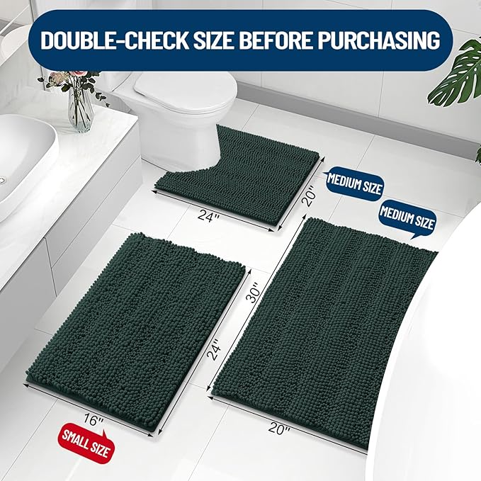 Grandaily Chenille Striped Bathroom Rugs 30x20, Extra Thick and Absorbent Bath Mats, Non-Slip Soft Plush Shaggy Shower Carpet, Machine Wash Dry, Bath Rug for Bathroom, (Medium, Dark Green)