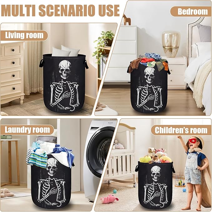 Funny Skull Black Cat Laundry Basket, Foldable Waterproof Laundry Hamper Tote Bag Dirty Clothes Storage Bucket Toy Organizer for Bathroom/Laundry/Bedroom 15.7"x19.6"