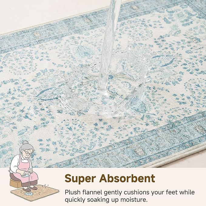 GRANNY SAYS Boho Bathroom Runner 47"x 18" Non-Slip,Quick Dry & Washable Vintage Bath Rug,Distressed Farmhouse Plush Velvet Bath Mat for Sink Shower and Bathtub, Vintage Blue