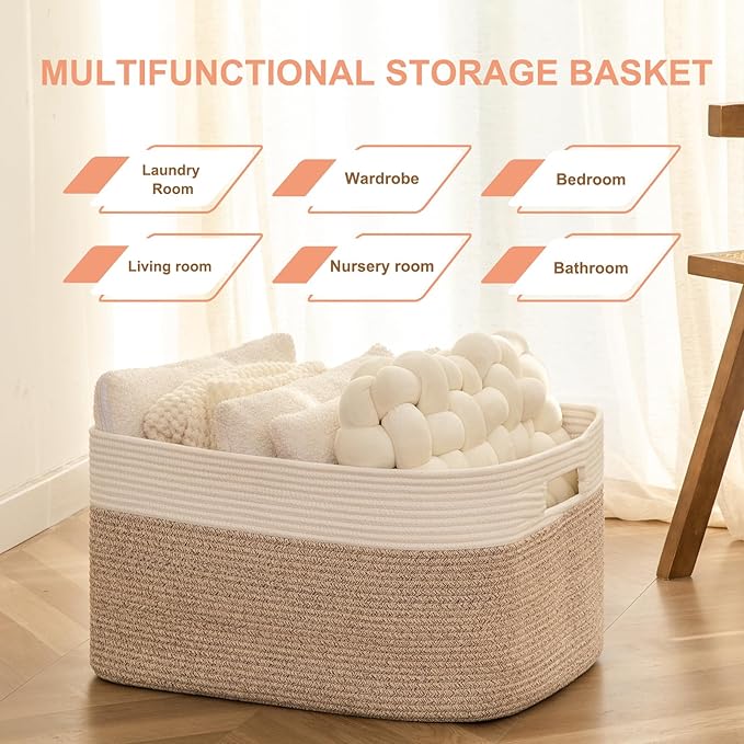 75L Large Blanket Basket, Toy Basket Bin for Kids, Cotton Rope Woven Storage Basket for Living Room, Nursery, Baby Room Decorative Organizer, 22''×17''×12'', Brown and White
