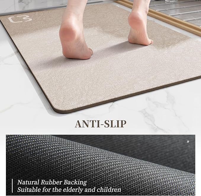 2 Piece Bathroom Rugs Mat Set - Quick Dry Diatomaceous Earth Bath Mat for Bathroom Non-Slip Bath Rug with Rubber Backing, Absorbent Bath Mats Thin Bath Floor Mat, 15.7x23.6+15.7x47.2 Inch, Taupe