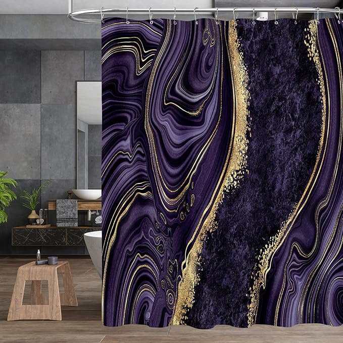 4PCS Purple Gold Marble Bathroom Sets with Shower Curtain and Rugs, Abstract Luxury Shower Curtain Sets with Rugs, Modern Bathroom Curtains Shower Set with Toilet Lid Cover