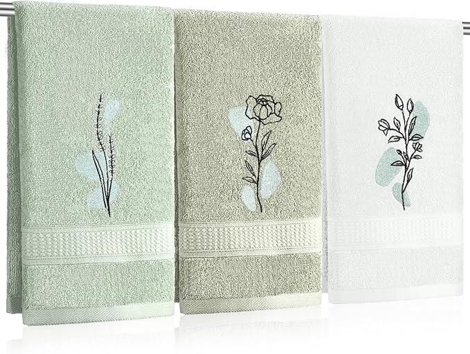Abstract Botanical Hand Towels Boho Sage Green Botanical Bathroom Decor 14x29 Inch Embroidered Decorative Cute Summer Flowers Cotton Soft Absorbent Hand Towels for Bathroom Kitchen