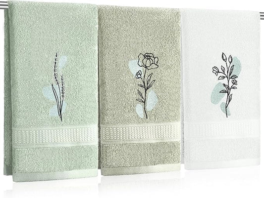 Abstract Botanical Hand Towels Boho Sage Green Botanical Bathroom Decor 14x29 Inch Embroidered Decorative Cute Summer Flowers Cotton Soft Absorbent Hand Towels for Bathroom Kitchen