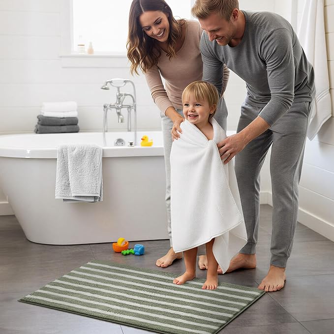 GRANNY SAYS Striped Bathroom Rugs Non Slip, 24" x 36", Bath Rugs for Bathroom Washable, Bath Mats for Floor, Microfiber Bath Mat for Tub, Absorbent Bath Rugs for Shower Room, Sage Green