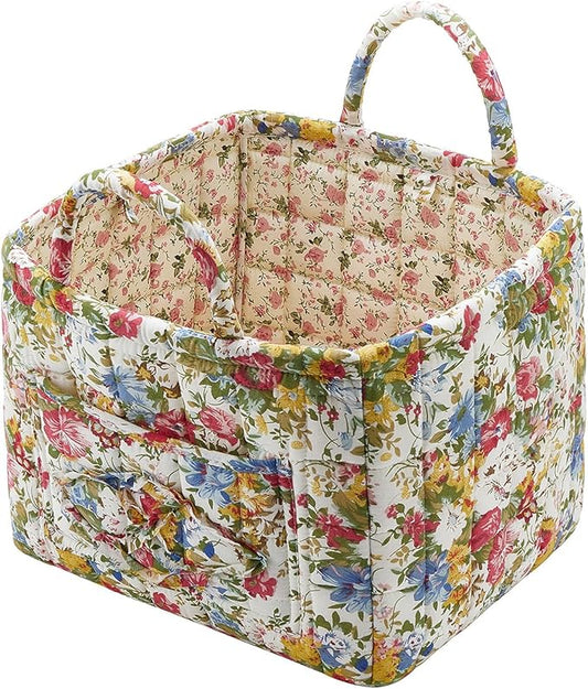 Boho Fabric Storage Basket, Large Capacity Laundry Basket, 12.2'' x 10.23'' x 10.23'' Collapsible Laundry Hamper with Easy Carry Handles (Flower, L)