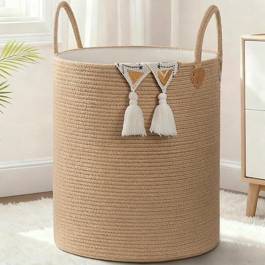 CHICVITA 70L Large Laundry Basket for Clothes, Jute Srorage Basket for Blankets Living Room, Tall Laundry Hamper for Home Décor, Wicker Woven Baskets for Nursery Toy Storage, 16" X 16" X 20"