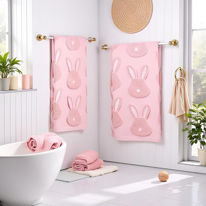 2pcs Easter Bunny Hand Towels Set 100% Cotton Soft Absorbent Spring Bathroom Hand Towels 14x29 Inch Cute Jacquard Easter Kitchen Decor Towels Holiday Kitchen Bathroom Decor Gift(Pink)