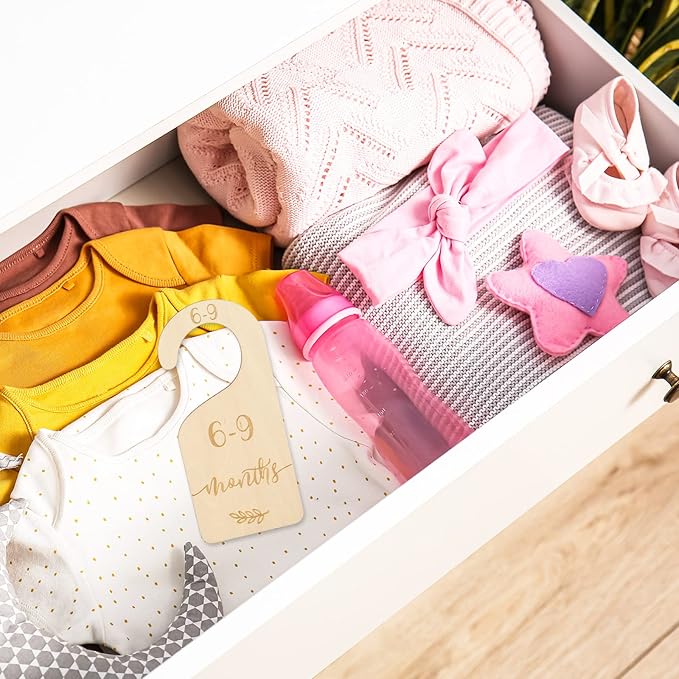 Whaline Wooden Baby Closet Size Dividers Set of 7 Wardrobe Hanger Organizer from Newborn to 24 Month Nursery Decor Dividers with Blue Velvet Bag Design for Home Nursery Infant Baby Clothes