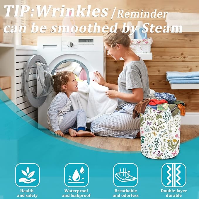 Vintage Floral Laundry Basket, Plants Herbs Flower Laundry Hamper Foldable Waterproof Funny Tote Bag Dirty Clothes Storage Bucket Toy Organizer for Bathroom/Laundry/Bedroom 15.7"x19.6"