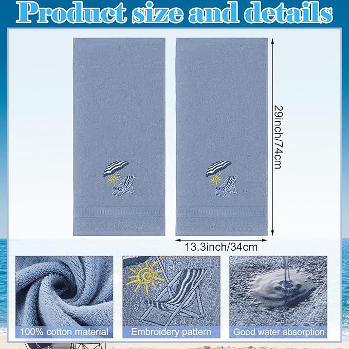 2 Pcs Beach Chair Hand Towels Slate Blue Bathroom Decor 14x29 Inch Embroidered 100% Cotton Soft Absorbent Spring Summer Decorative Hand Towels for Bathroom Kitchen